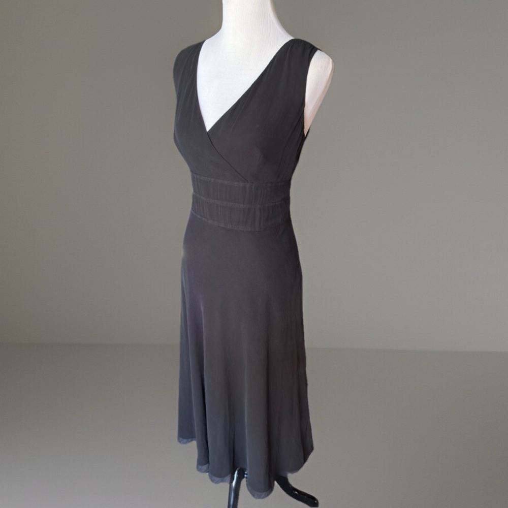 Adrianna Papell Silk Black Midi Dress Sz 10 V-Neck Cocktail Formal Evening LBD
